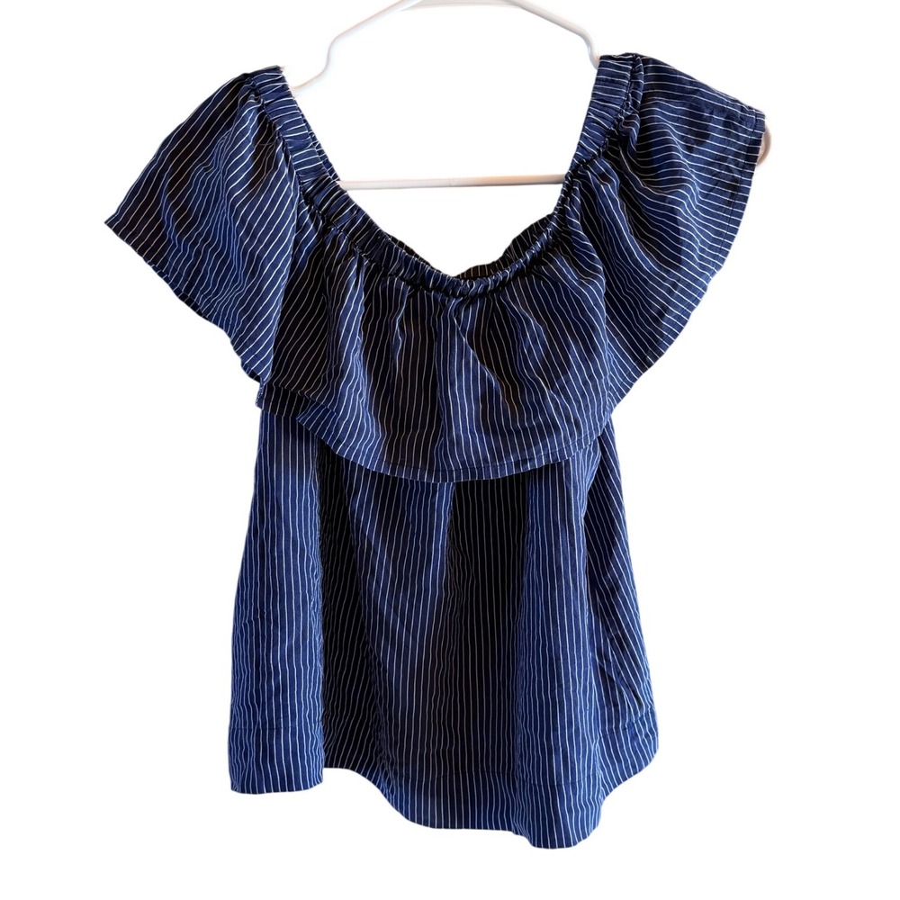 Madewell Silk Blouse XS Navy White Striped Elastic Hem Ruffles Chic Minimalist